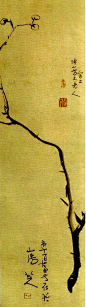 八大山人《墨梅图》构图奇特，一条重墨线条作为梅花主干，小枝旁出，章法结构不落俗套，在不完整中求完整。