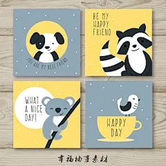 可爱小清新手绘小动物狗小浣熊考拉小鸟儿童生日卡片背景设计素材-淘宝网