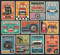 汽车服务和汽车修理车库复古卡——工业业务Car Service and Auto Repair Garage Retro Cards - Industries Business汽车、汽车、汽车、电池、汽车、卡、引擎、燃料、车库、天然气、汽油、机械、电机、油、部分,海报,修复,复古,服务,商店,车站,出租车、轮胎、运输、交通、矢量,车辆、古董、轮、车间 auto, automobile, automotive, battery, car, card, engine, fuel, garage, gas, g