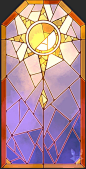 This may contain: a stained glass window with the sun shining in it's center and blue sky behind