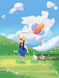 山林草地溜鸭子的可爱举气球女孩插画图片素材
