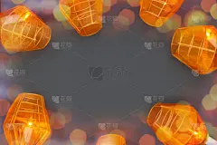 橙色的电子花环灯笼在黑暗的背景与多色的虚景与复制空间。发光的框架圣诞花环。