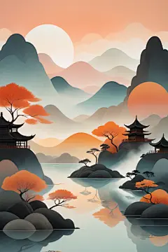 国潮水墨扁平山水意境插画