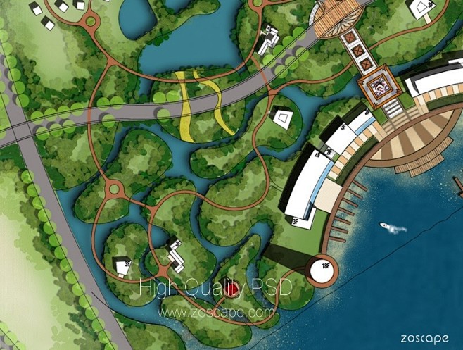 高清PSD城市滨江生态公园-滨水景观绿化带规划设计平面图