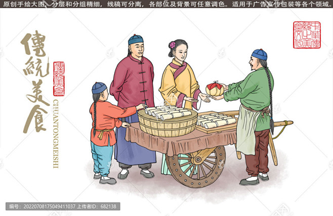 小摊 集市 卖货 糕点 点心 年糕 卖年糕 驴打滚 小摊贩 小吃摊 包装设计 传统工艺 手绘插画 壁画挂画 古法-花瓣网