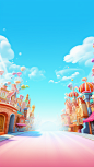 abstract background with colorful buildings in the sky, in the style of immersive environments, cute and dreamy, candycore, light bronze and sky-blue, fantastical street, 32k uhd, charming character illustrations