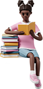 girl sitting leaning on stack of books and reading Illustration in PNG, SVG