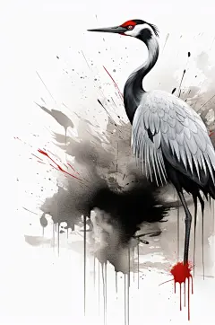 AI数字艺术中国风水墨仙鹤丹顶鹤手绘插画