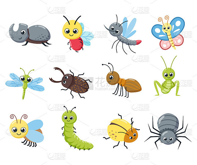 一群可爱的昆虫。有趣的虫子，毛毛虫，苍蝇，蜜蜂，蜘蛛，蚊子。卡通矢量插图。