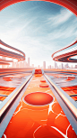 Bright red-orange color.Circle shaped merchandise displays, theRaceway highway, big sale atmosphere, the Bright colors, soft.nexushub, futuristic, modeling lights, ray tracing.Best picture quality, 8K resolution, ultra-realistic, detailed description.--ar