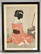 Two Japanese Woodblock Prints By Hirano Hakuho : Two Japanese woodblock prints by Hirano Hakuho, each showing seated female performing tasks, including: titled Arranging Hair After a Bath; together with Before The Mirror; each signed and dated; 15 1/2&quo