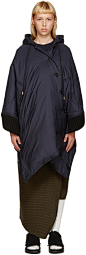 Marni - Navy Down Asymmetric Cape : Down-filled nylon cape in navy. Drawstring at hood. Offset double-breasted button closure at front. Welt pockets at waist. Rib knit trim in black at asymmetric hem. Fully lined. Tonal stitching. Body: 90% nylon, 5% visc