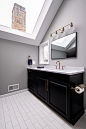 Large transitional master white tile single-sink and vaulted ceiling alcove shower photo in Newark with black cabinets, white countertops, shaker cabinets, a two-piece toilet, gray walls, an undermount sink, quartz countertops, a hinged shower door, a nic