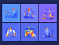 Six occupations cook fitness coach trucker teacher doctor conductor soft man blue ui web illustration