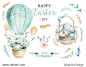Hand drawn watercolor happy easter set with bunnies design.Rabbit bohemian style,  isolated boho illustration on white.
