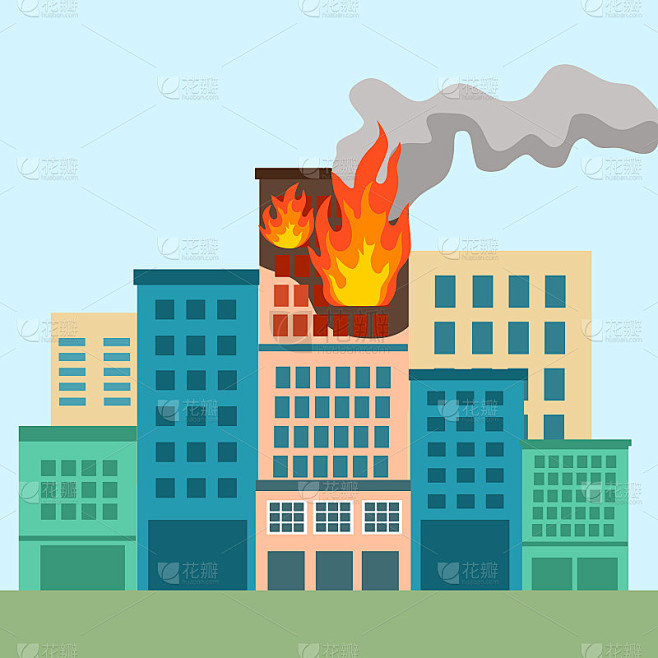 公寓楼着火了。窗户里有橙色的火焰和烟雾。建筑消防平面设计矢量插图。