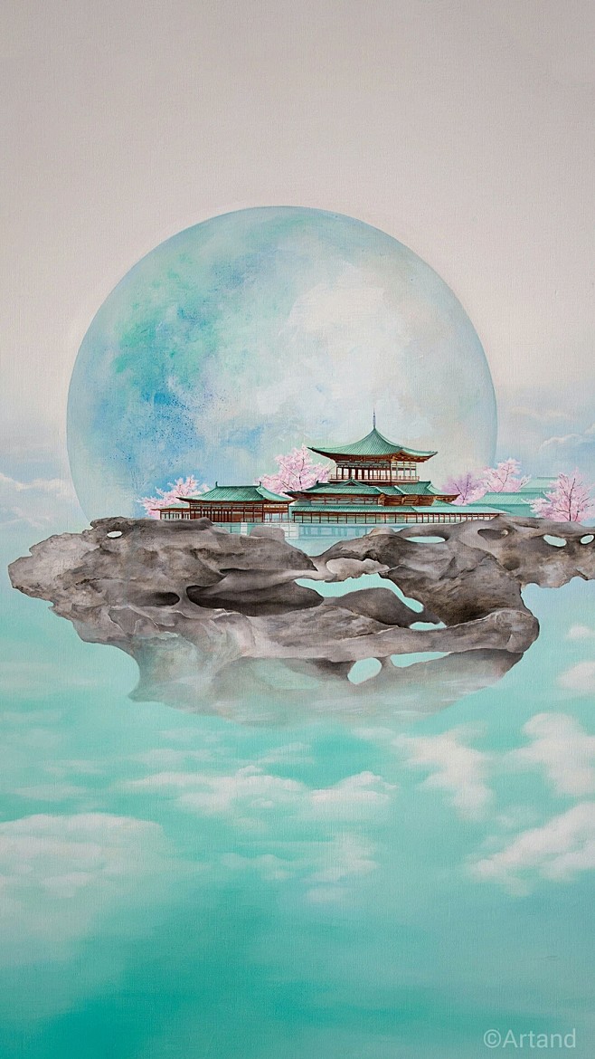 张鑫作品《警幻-初桃》～灵感来自《红楼梦》里的太虚幻境，作者营造出一个建立在太湖石上的理想世界。画面中的阁楼仿佛遥不可及，但环绕在周围的桃树则 ...