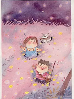 水彩插画 儿童插画 粉粉的夏日夜晚 O绿洲 ​​​​
