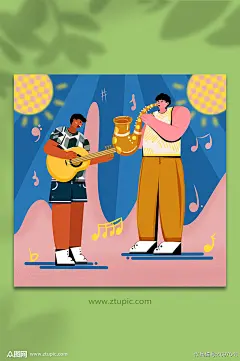 双人演奏吉他萨克斯扁平化风格乐器人物插画