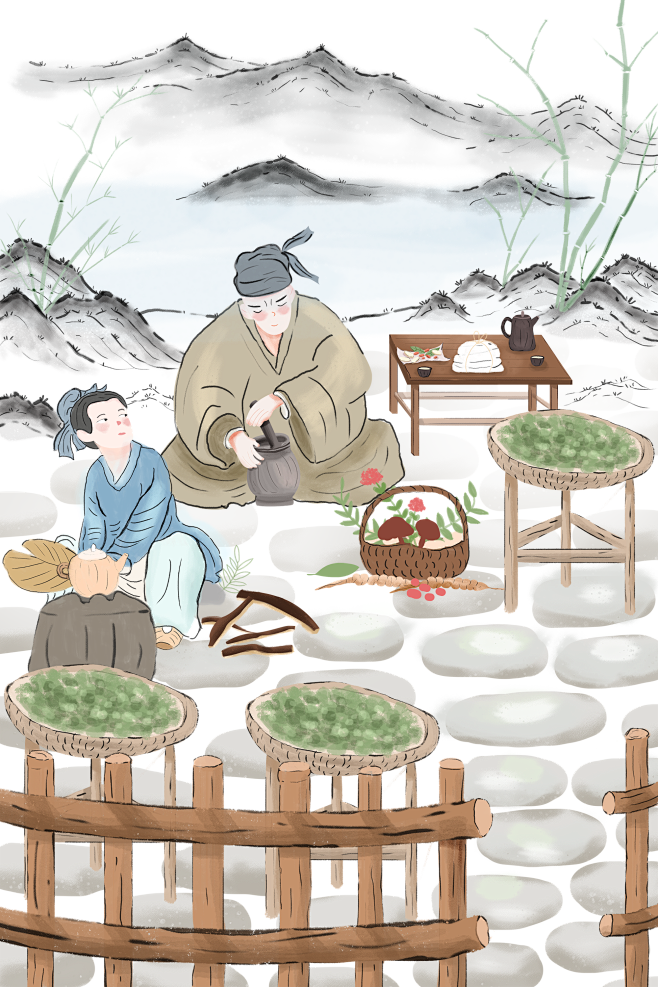中医大夫-插画 免抠元素 PNG 手绘古代中医生养生采药治病 古风名医大夫开方医治插图 (89)_1000×1000