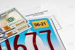 车牌号、续费贴纸、现金、登记卡。州政府对汽车收费、交通税费和资金的概念
