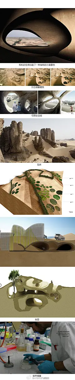 【用细菌建造的沙漠建筑】瑞典建筑师magnus larsson与搭档在沙哈拉沙漠设计了一个长6,000千米的可居住沙岩墙，在bacillus pasteurii这种细菌微生物的帮助下，松散的沙子将转变成纤维多孔的结构，能够可持续地控制沙漠化现象，同时为成千上万的难民提供住所。