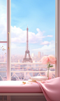 Paris view, in the style of kawaii chic, 8k 3d, soft edges and blurred details, feminine imagery, tokio aoyama, realistic interiors, romantic emotivity
