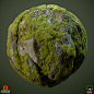 Mossy Granite Cliff, Daniel Thiger : Material study of a a mossy granite cliff.  100% Substance designer, rendered in Marmoset.