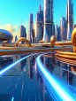 3D image of a transverse road filled with futuristic science fiction, curved roads with light blue and yellow lights, flanked by future commercial buildings, 3D rendered in light blue and light yellow, made of liquid aluminum alloy material, 8K, warm colo