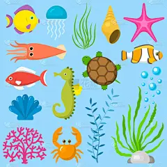 设置水生有趣的海洋动物水下生物卡通人物贝壳水族馆海洋生物矢量插图.