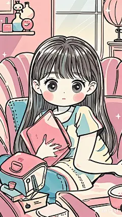涂鸦，手绘，线描，矢量插画，平面，可爱的小女孩，长头发齐刘海，在沙发中玩耍，背景是室内，可爱粉嫩的配色(85)