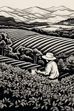 AI数字艺术复古铜版画茶园茶叶插画-众图网