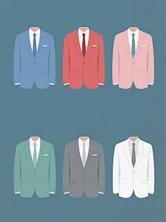 系列商务着装元素插画，纯色背景，六个规整排布的西装上半身特写，每个元素包含西装外套、白色衬衫和领带，简约写实风格，柔和马卡龙色系，包括蓝色、红色、粉色、绿色、灰色、白色，每个元素拥有独特色彩搭配，线条简洁流畅，细节清晰，展现不同西装剪裁和领带样式，整体布局整齐有序，视觉层次分明，传达专业、正式且时尚的商务氛围，无LOGO、电话地址及二维码。