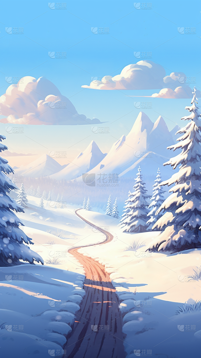 冬季冬天卡通感插画雪景场景背景图片素材