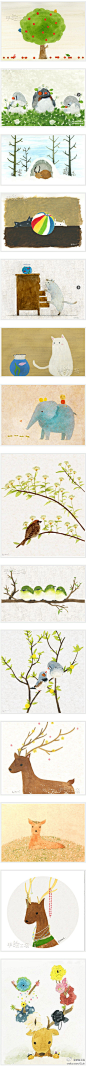 手绘工场来自日本的井上瞳（Hitomi Inoue），1987年12月17日出生于神奈川县。武藏野美术大学造形学部日本图画科毕业，主修水彩画。她喜欢画动物或是植物，喜欢用透明的水彩颜料作画。她的画颜色淡雅，构图简单明了，总是能给人那种清新的感觉，简单，童趣，每张画，就像每个小小的故事，带给我们无限乐趣。