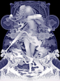 #插画狂想#  日本艺术家：Kazuki Takamatsu。他的作品是使用水粉、粉笔、丙烯等颜料的手绘画作。艺术家仅用蓝黑白三个色调就创作出荧光色的三维效果作品，画中的女孩像鬼魂般飘渺灵异 #插画灵感# ​​​​