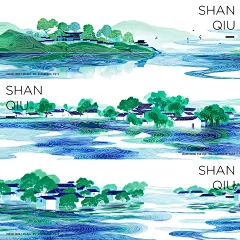 国风水墨山水艺术插画江南水乡小镇建筑树木湖泊涟漪kv主视觉Y610-淘宝网