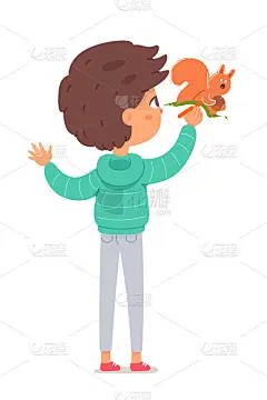 小男孩在幼儿园用松鼠画墙。孩子做创造性的艺术与画笔矢量插图。小男孩在房间里用颜料在树枝上画动物