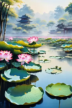 暑假盛开夏日荷花荷叶插画图片