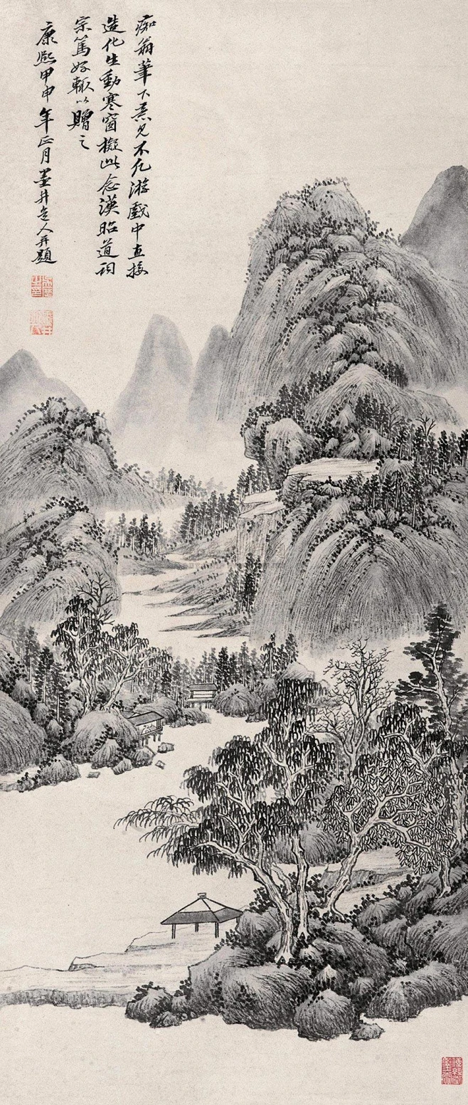 吴历——《春居图》【痴翁笔下意见不凡，游戏中直接造化生动，寒窗拟此念汉昭道词宗笃好辄以赠之。康熙甲申年正月】山水 立轴z欣赏 | 清|吴历(1632-1718)本名启历，字渔山，号墨井道人、桃溪居士 。清初著名画家。诗师钱谦益，画师王鉴、王时敏，主取王蒙和吴镇之长，形成自己风格。清初六家之一，又称“四王吴恽”。后入天主教、耶稣会，传教三十年，近20年少绘事。