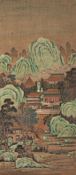 仇英——无题 人物山水楼阁 立轴欣赏 | 
明|仇英(约1498-1552)字实父，号十洲，吴门四家之一。擅人物仕女，工设色水墨、白描，偶作花鸟。与沈周、文徵明、唐寅并称为"明四家"。早年为漆工、画磁匠并为人彩绘栋宇，因文徵明所称誉而知名。后以卖画为生，师从周臣。画上他为不破画面美感，一般只题名款少写文字。