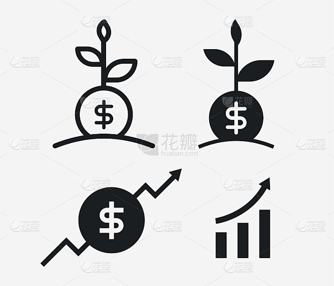 商业成长创业投资图表。平面矢量图标集。