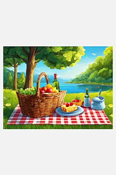 AI数字艺术户外野餐卡通插画-众图网