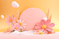 3d art of yellow background pink paper flower flower abstract garden vector illustration , in the style of minimalist stage designs, rendered in cinema4d, lush landscape backgrounds, circular shapes