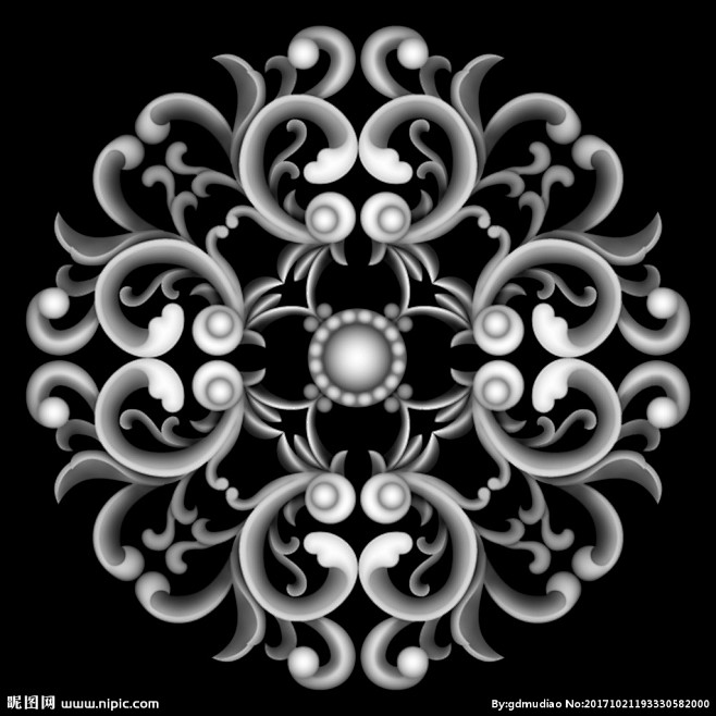 圆形洋花精雕浮雕灰度图