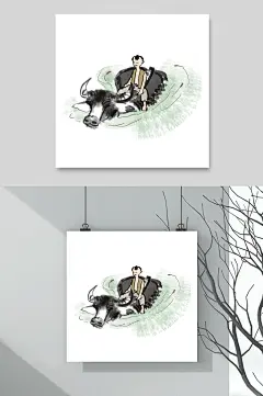 清明牧童牧牛插画素材