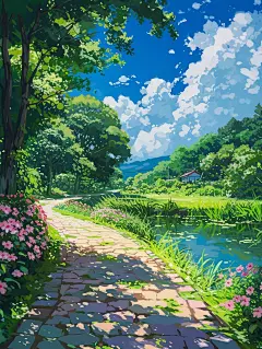 marikasophia_a_painting_of_an_anime_road_with_flowers_and_a_gre_c69f3079-7961-4e7c-a60b-2c56f4e46b62