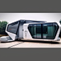 the futuristic vehicle is parked in front of some grass and trees, with its doors open
