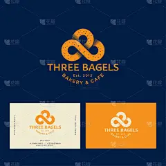 三个巴格尔标志。面包店和糕点标志。无限形式像百吉饼与字母。名片不同背景使用徽标的示例.
