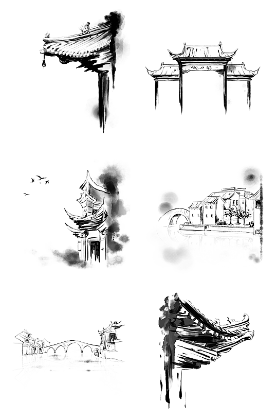 手绘水墨建筑风装饰